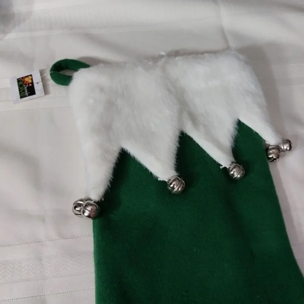 Green White Jingle Bells Elf Boot Holiday Christmas Stocking Hanging Sock